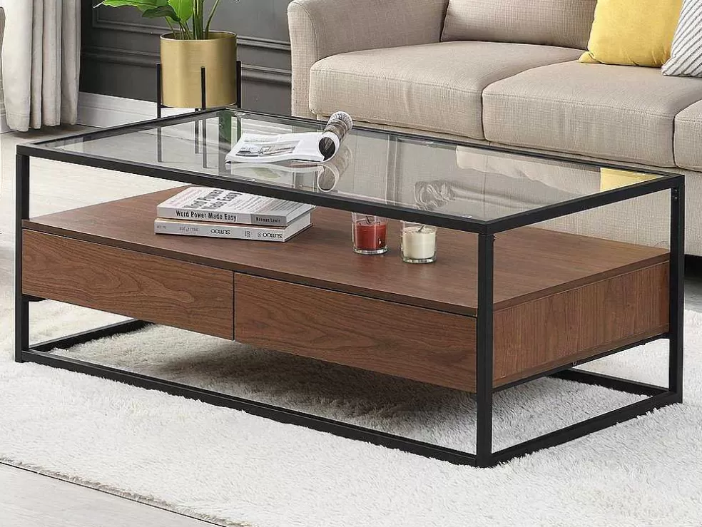 Vente-unique Mesa De Centro Com 2 Gavetas Em Mdf, Vidro Temperado E Metal Natural Escuro - Camata* Mesa De Centro