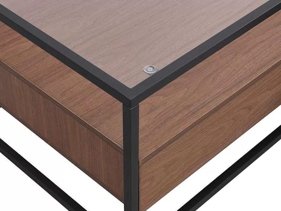 Vente-unique Mesa De Centro Com 2 Gavetas Em Mdf, Vidro Temperado E Metal Natural Escuro - Camata* Mesa De Centro