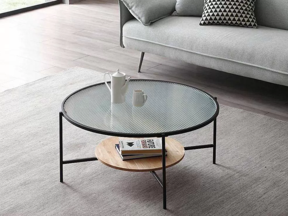 Vente-unique Mesa De Centro Com 1 Prateleira, Vidro, Madeira De Hevea E Metal, Natural E Preto - Munita* Mesa De Centro