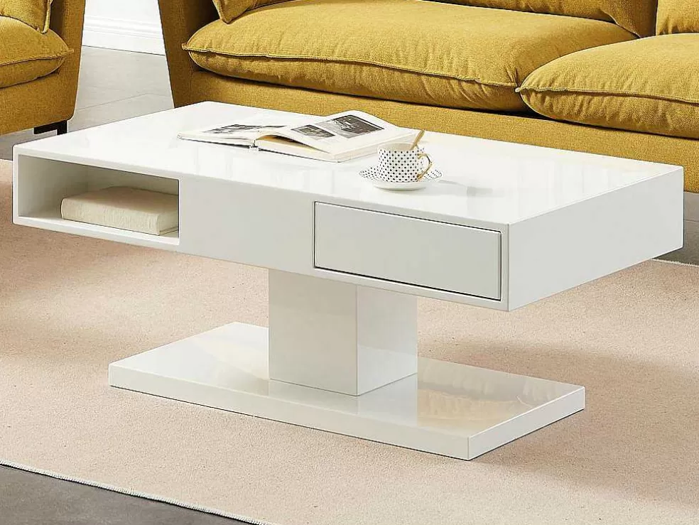 Vente-unique Mesa De Centro Com Tampo Giratorio, 2 Gavetas E 2 Nichos Mdf Lacado A Branco - Ilya* Mesa De Centro