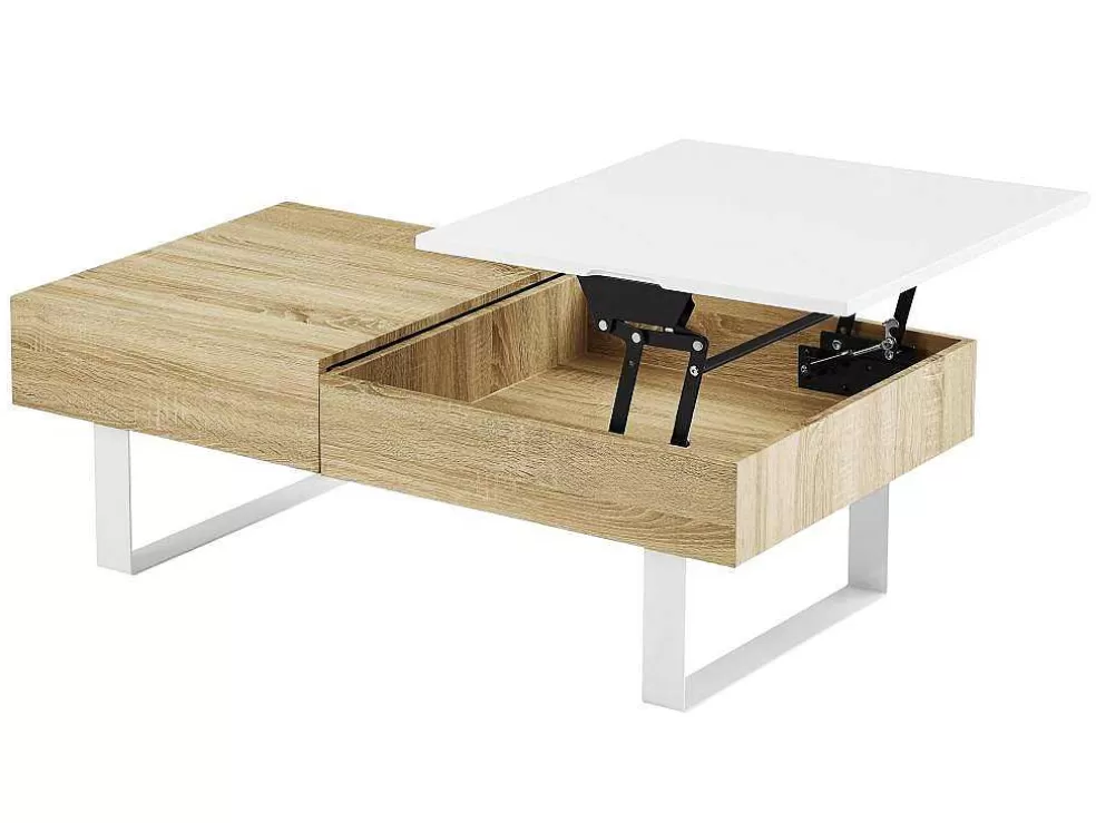 Vente-unique Mesa De Centro Com Tampo Levadico E 1 Gaveta Mdf E Aco Natural E Branco - Balun* Mesa De Centro