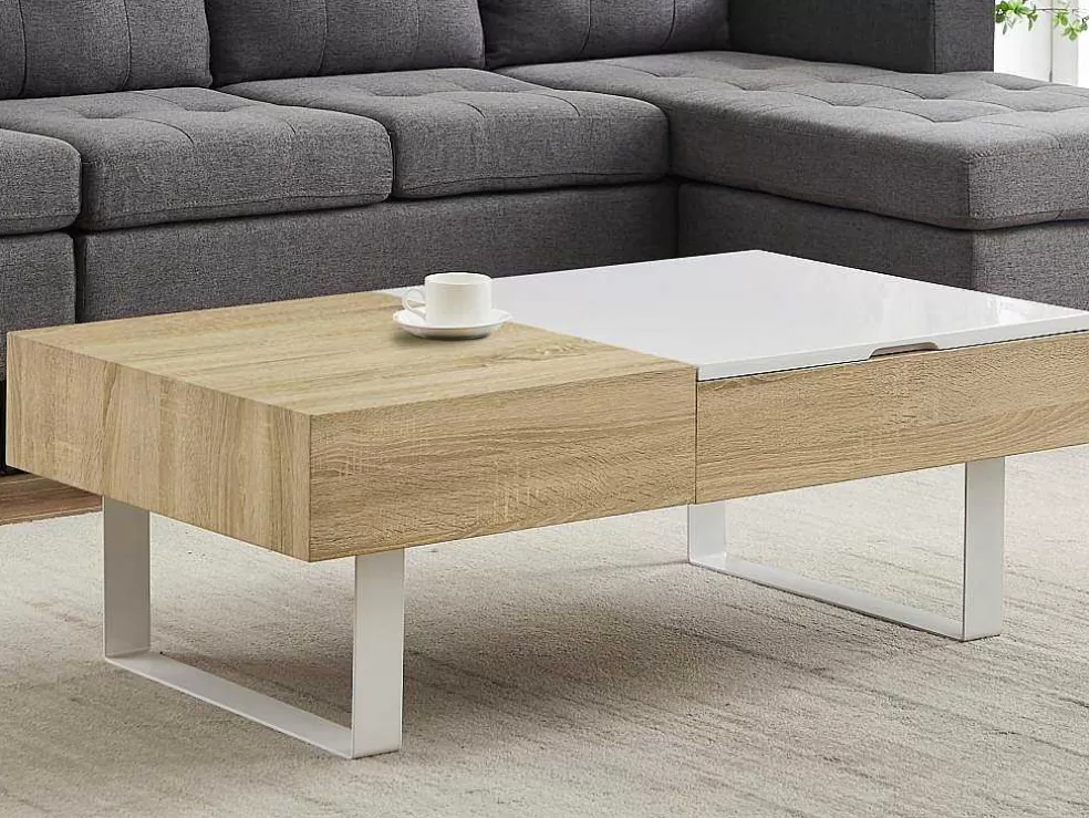 Vente-unique Mesa De Centro Com Tampo Levadico E 1 Gaveta Mdf E Aco Natural E Branco - Balun* Mesa De Centro
