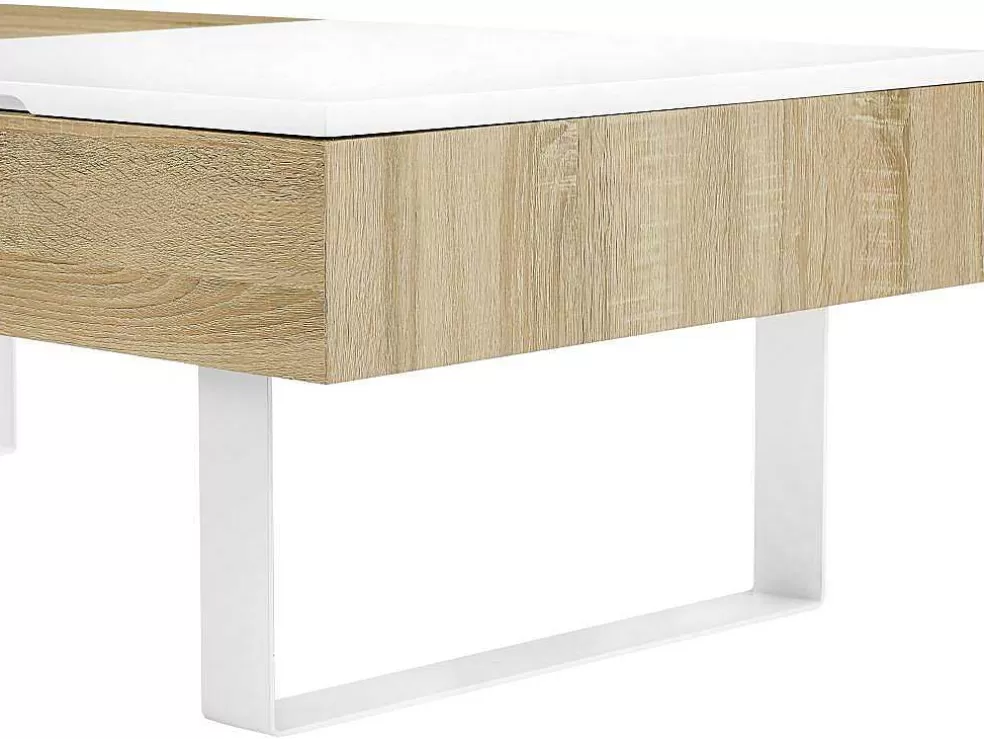 Vente-unique Mesa De Centro Com Tampo Levadico E 1 Gaveta Mdf E Aco Natural E Branco - Balun* Mesa De Centro