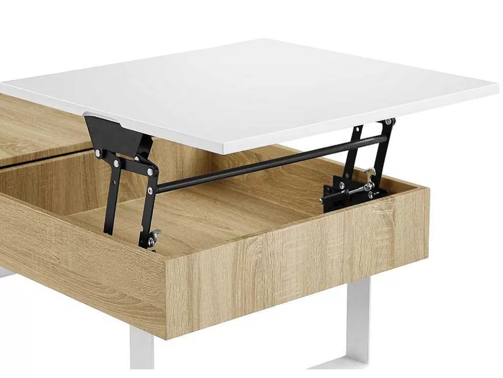 Vente-unique Mesa De Centro Com Tampo Levadico E 1 Gaveta Mdf E Aco Natural E Branco - Balun* Mesa De Centro