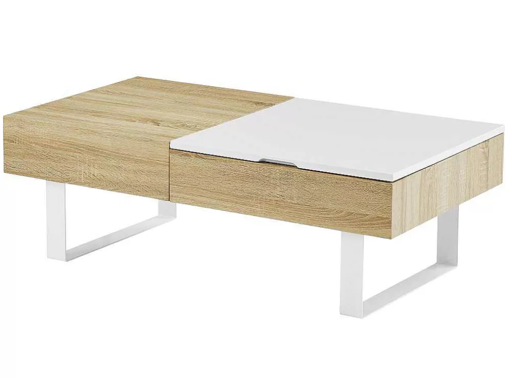 Vente-unique Mesa De Centro Com Tampo Levadico E 1 Gaveta Mdf E Aco Natural E Branco - Balun* Mesa De Centro