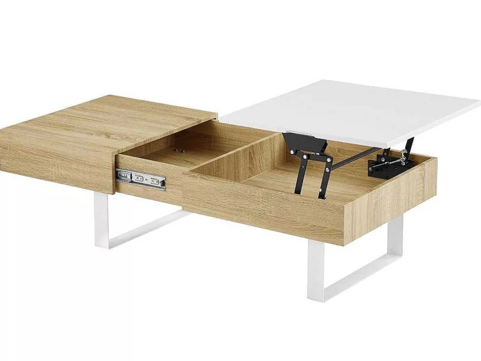 Vente-unique Mesa De Centro Com Tampo Levadico E 1 Gaveta Mdf E Aco Natural E Branco - Balun* Mesa De Centro