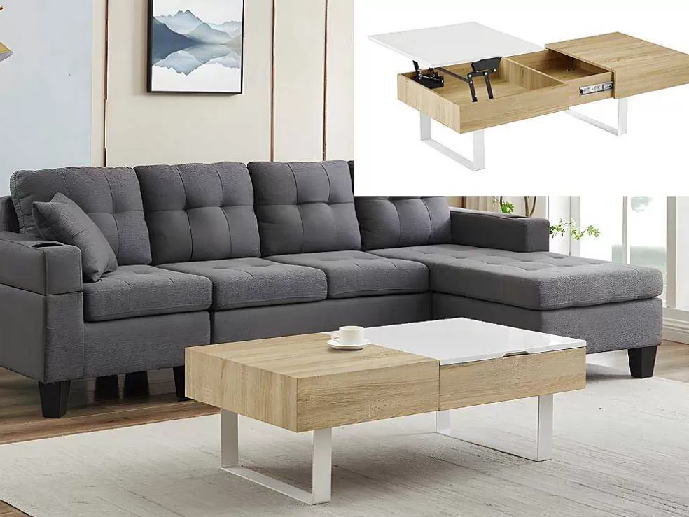 Vente-unique Mesa De Centro Com Tampo Levadico E 1 Gaveta Mdf E Aco Natural E Branco - Balun* Mesa De Centro