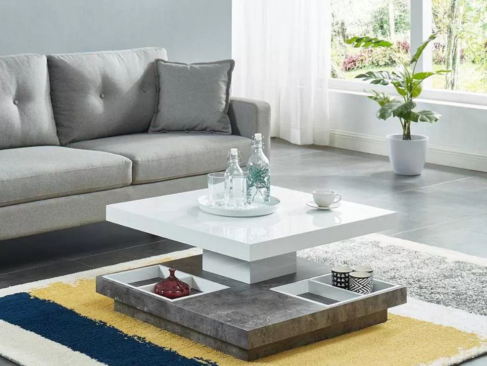 Vente-unique Mesa De Centro Fausto - Tampo Giratorio - Mdf Lacado Branco & Betao* Mesa De Centro