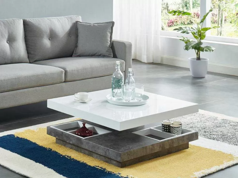 Vente-unique Mesa De Centro Fausto - Tampo Giratorio - Mdf Lacado Branco & Betao* Mesa De Centro