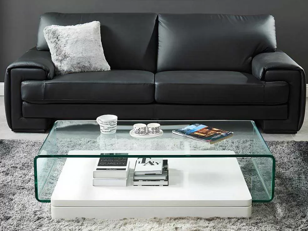 Vente-unique Mesa De Centro Glossie - Vidro Curvado E Mdf Lacado Branco* Mesa De Centro