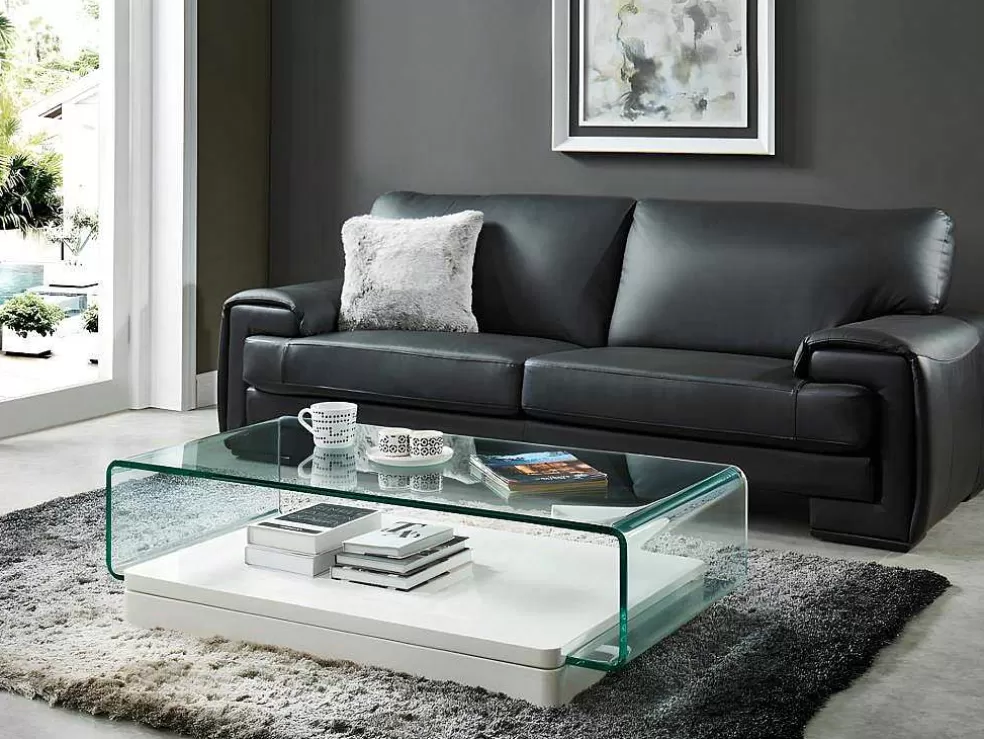 Vente-unique Mesa De Centro Glossie - Vidro Curvado E Mdf Lacado Branco* Mesa De Centro