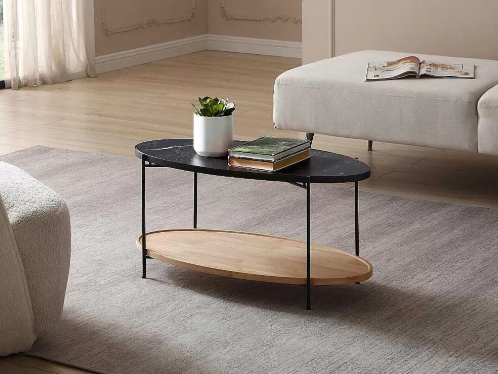Vente-unique Mesa De Centro Tampo Duplo Em Ceramica E Madeira De Hevea, Efeito Marmore Preto E Natural - Fudila* Promoções Sala