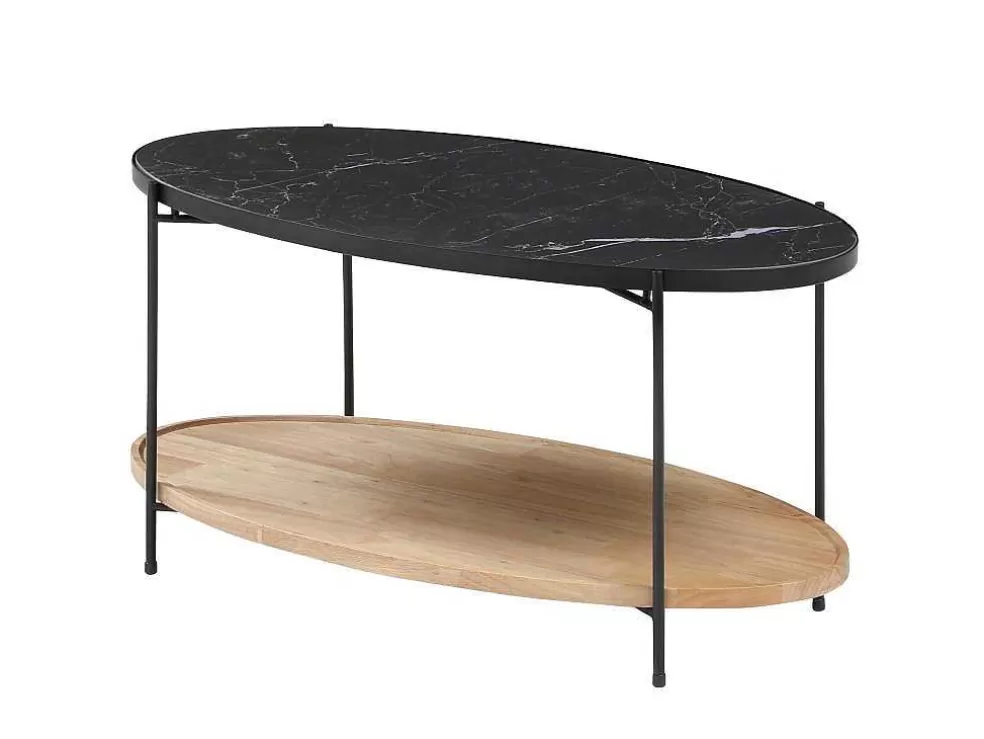 Vente-unique Mesa De Centro Tampo Duplo Em Ceramica E Madeira De Hevea, Efeito Marmore Preto E Natural - Fudila* Promoções Sala