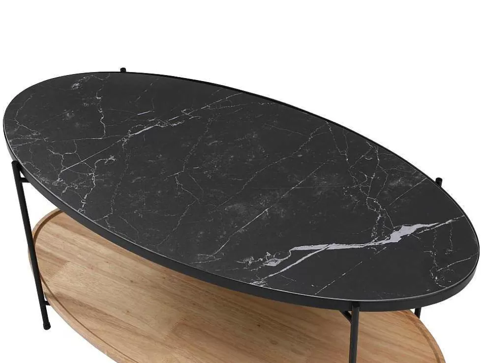 Vente-unique Mesa De Centro Tampo Duplo Em Ceramica E Madeira De Hevea, Efeito Marmore Preto E Natural - Fudila* Promoções Sala