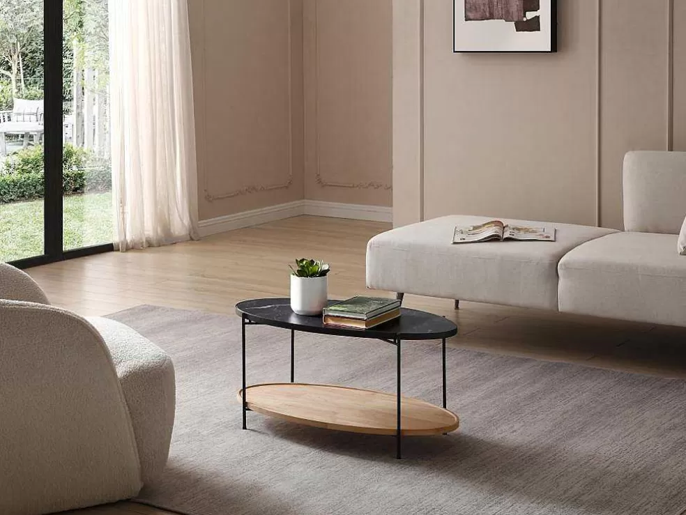 Vente-unique Mesa De Centro Tampo Duplo Em Ceramica E Madeira De Hevea, Efeito Marmore Preto E Natural - Fudila* Promoções Sala