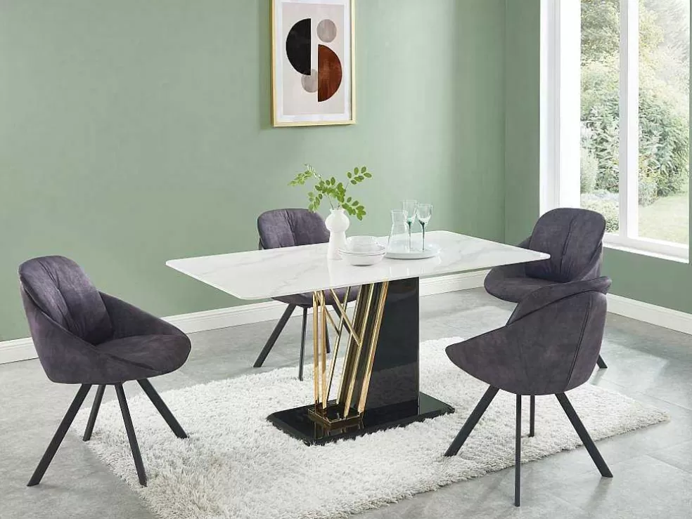 Vente-unique Mesa De Jantar 6 Lugares Em Ceramica E Mdf Efeito Marmore Branco, Dourado E Lacado A Preto - Ballarat* Mesa De Jantar