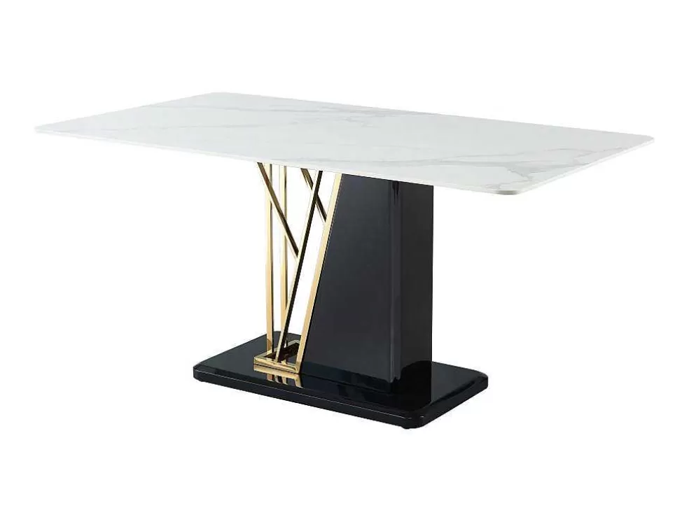 Vente-unique Mesa De Jantar 6 Lugares Em Ceramica E Mdf Efeito Marmore Branco, Dourado E Lacado A Preto - Ballarat* Mesa De Jantar