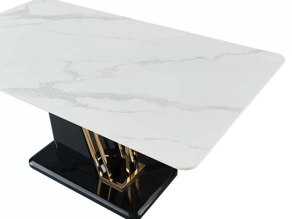 Vente-unique Mesa De Jantar 6 Lugares Em Ceramica E Mdf Efeito Marmore Branco, Dourado E Lacado A Preto - Ballarat* Mesa De Jantar