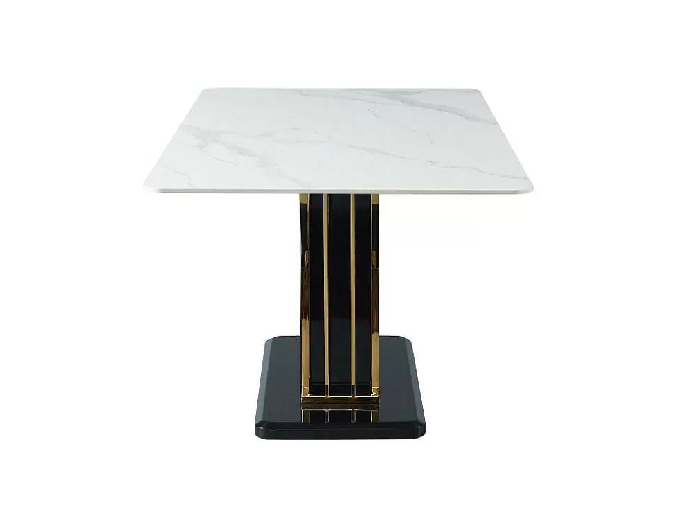 Vente-unique Mesa De Jantar 6 Lugares Em Ceramica E Mdf Efeito Marmore Branco, Dourado E Lacado A Preto - Ballarat* Mesa De Jantar
