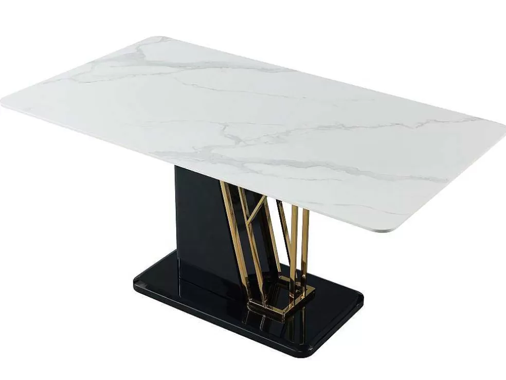 Vente-unique Mesa De Jantar 6 Lugares Em Ceramica E Mdf Efeito Marmore Branco, Dourado E Lacado A Preto - Ballarat* Mesa De Jantar