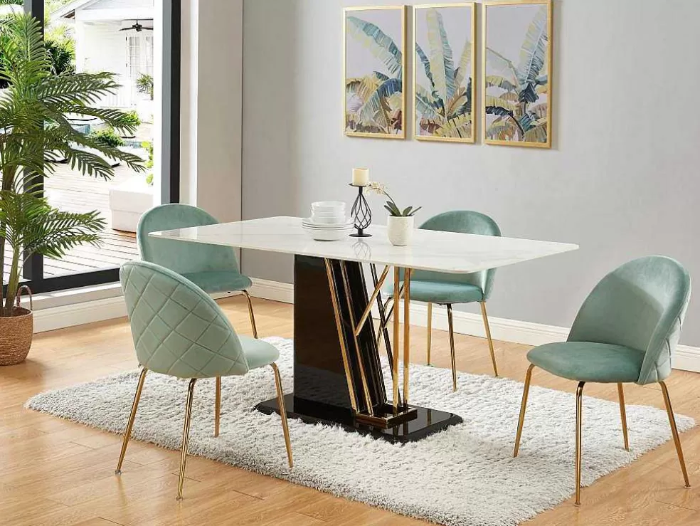 Vente-unique Mesa De Jantar 6 Lugares Em Ceramica E Mdf Efeito Marmore Branco, Dourado E Lacado A Preto - Ballarat* Mesa De Jantar