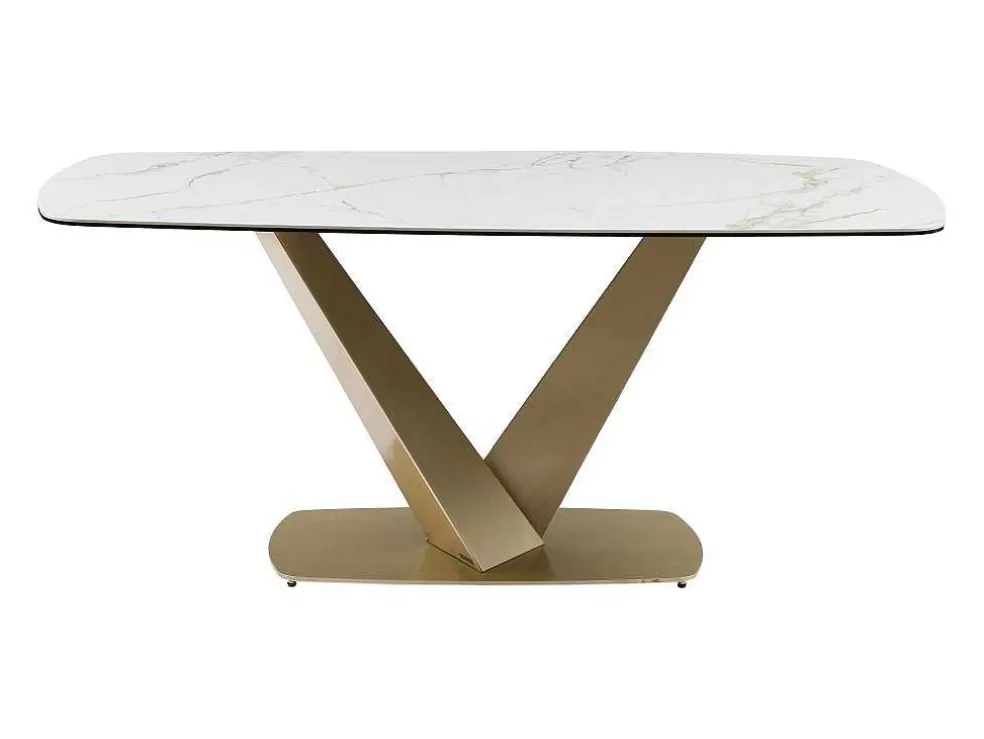 PASCAL MORABITO Mesa De Jantar De 6 Lugares Em Ceramica E Metal Efeito Marmore Branco E Dourado - Porelima De * Mesa De Jantar