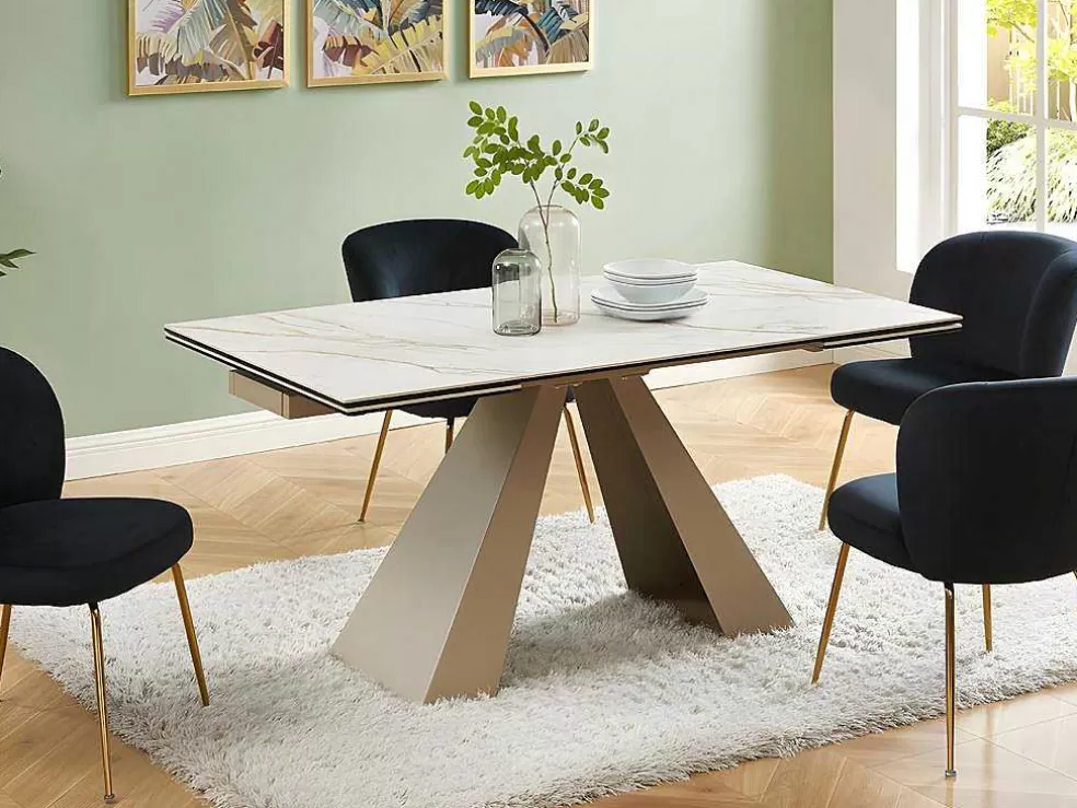 PASCAL MORABITO Mesa De Jantar Extensivel 6 A 10 Lugares Em Ceramica E Metal, Efeito Marmore Branco E Bege - Lozipa De * Mesa De Jantar