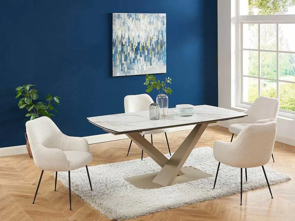 PASCAL MORABITO Mesa De Jantar Extensivel 6 A 10 Lugares Em Ceramica E Metal, Efeito Marmore Branco E Bege - Malata De * Mesa De Jantar