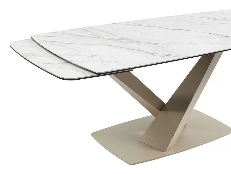 PASCAL MORABITO Mesa De Jantar Extensivel 6 A 10 Lugares Em Ceramica E Metal, Efeito Marmore Branco E Bege - Malata De * Mesa De Jantar