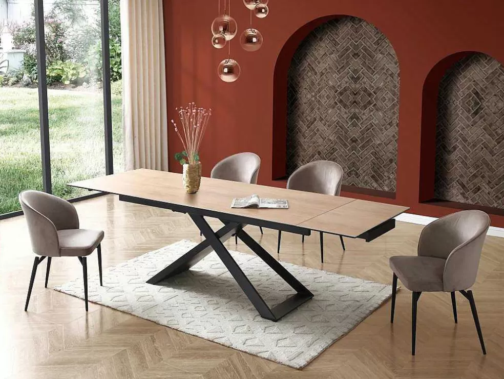 PASCAL MORABITO Mesa De Jantar Extensivel 6 A 10 Lugares Em Ceramica, Vidro Temperado E Metal Natural Claro E Preto - Xerena De * Mesa De Jantar