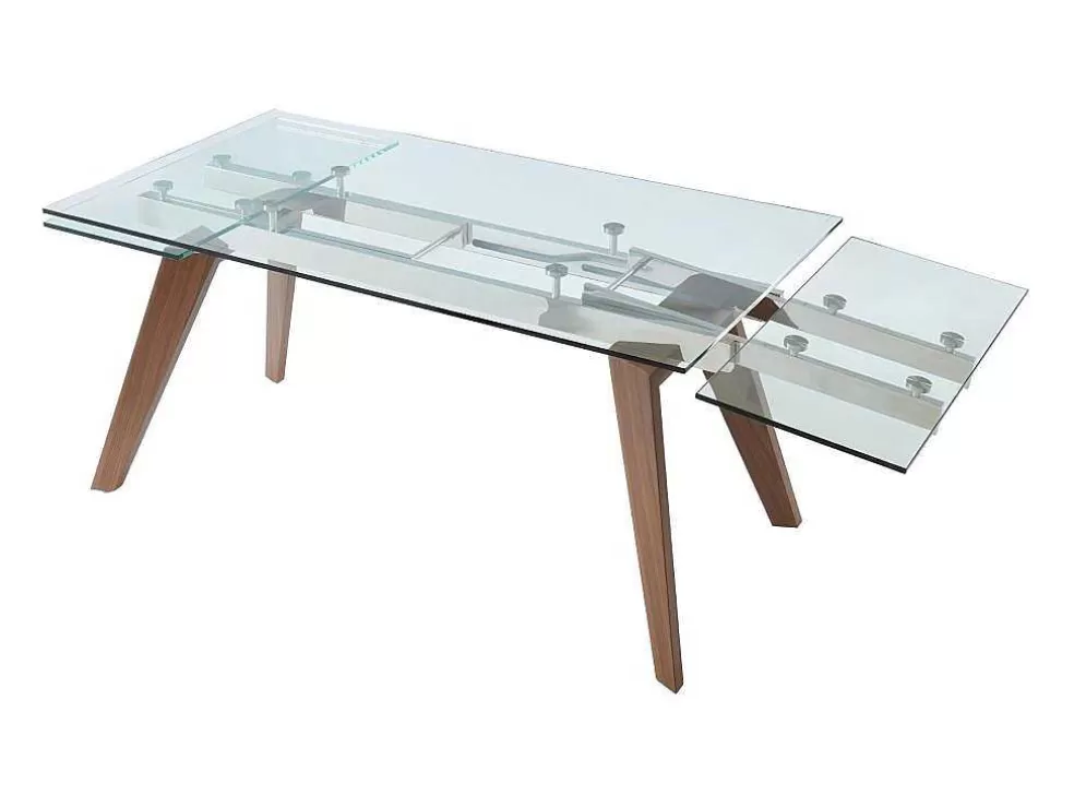 Vente-unique Mesa De Jantar Extensivel Altamira - 6 A 8 Lugares - Vidro Temperado E Metal Efeito Nogueira* Mesa De Jantar