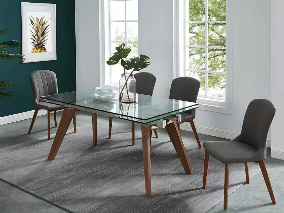 Vente-unique Mesa De Jantar Extensivel Altamira - 6 A 8 Lugares - Vidro Temperado E Metal Efeito Nogueira* Mesa De Jantar