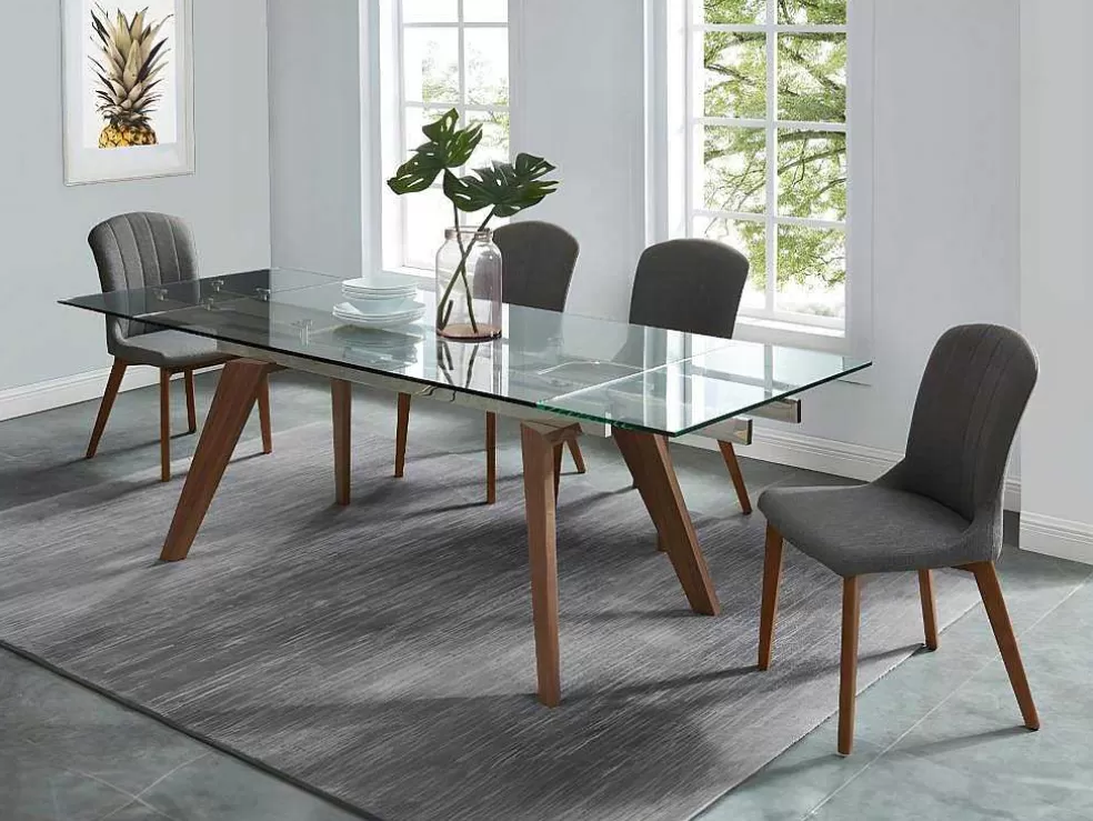 Vente-unique Mesa De Jantar Extensivel Altamira - 6 A 8 Lugares - Vidro Temperado E Metal Efeito Nogueira* Mesa De Jantar
