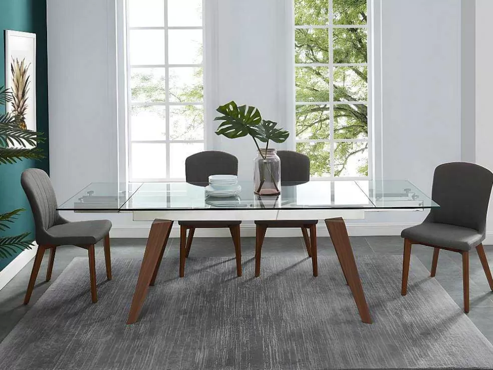 Vente-unique Mesa De Jantar Extensivel Altamira - 6 A 8 Lugares - Vidro Temperado E Metal Efeito Nogueira* Mesa De Jantar