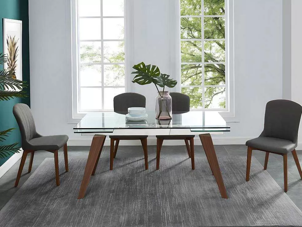Vente-unique Mesa De Jantar Extensivel Altamira - 6 A 8 Lugares - Vidro Temperado E Metal Efeito Nogueira* Mesa De Jantar