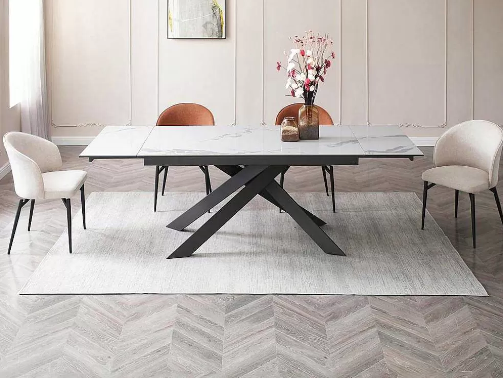 PASCAL MORABITO Mesa De Jantar Extensivel De 6 A 10 Lugares Em Ceramica E Metal Efeito Marmore Branco E Antracite - Corema De * Mesa De Jantar