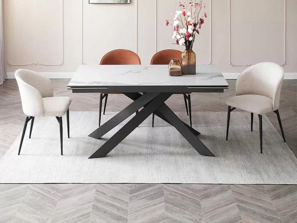PASCAL MORABITO Mesa De Jantar Extensivel De 6 A 10 Lugares Em Ceramica E Metal Efeito Marmore Branco E Antracite - Corema De * Mesa De Jantar
