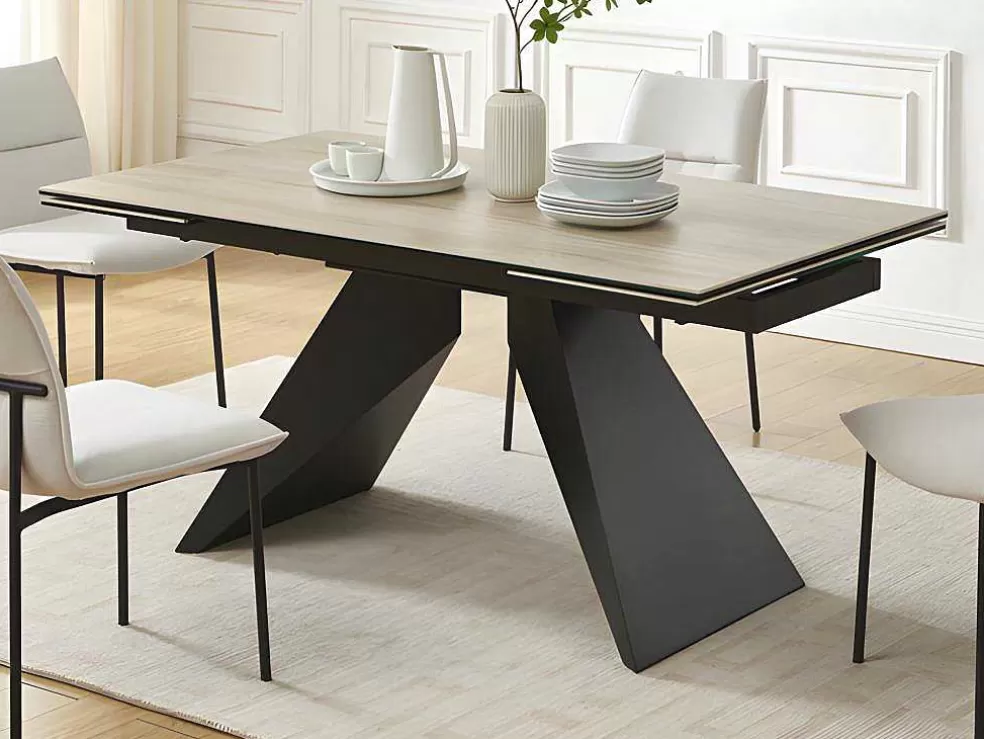 Maison Céphy Mesa De Jantar Extensivel De 6 A 10 Lugares Em Ceramica, Vidro Temperado E Metal Natural Claro E Preto - Suniva* Mesa De Jantar