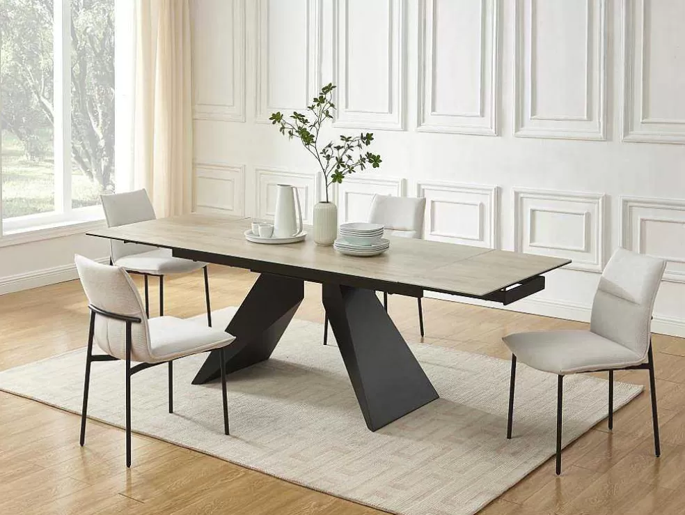 Maison Céphy Mesa De Jantar Extensivel De 6 A 10 Lugares Em Ceramica, Vidro Temperado E Metal Natural Claro E Preto - Suniva* Mesa De Jantar