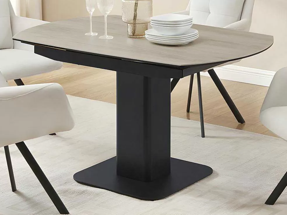 Maison Céphy Mesa De Jantar Extensivel De 4 A 8 Lugares Em Ceramica, Vidro Temperado, Metal E Mdf, Natural Claro E Preto - Taloza* Promoções Sala