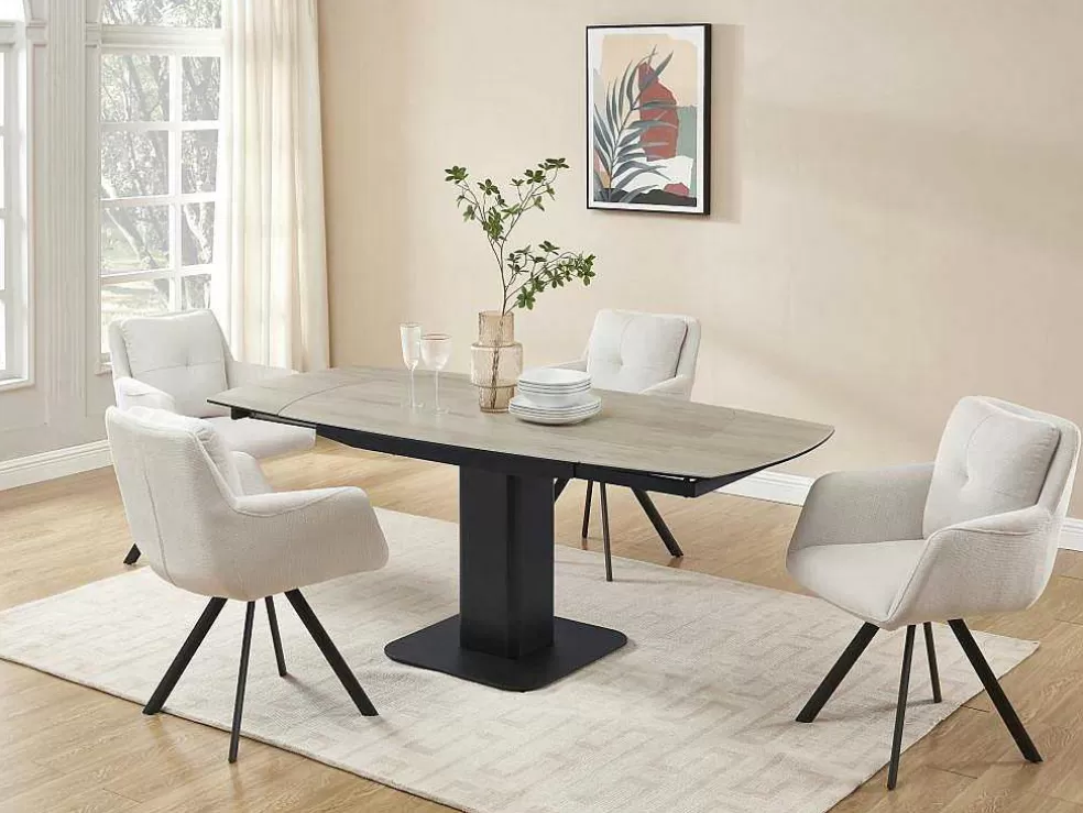 Maison Céphy Mesa De Jantar Extensivel De 4 A 8 Lugares Em Ceramica, Vidro Temperado, Metal E Mdf, Natural Claro E Preto - Taloza* Promoções Sala