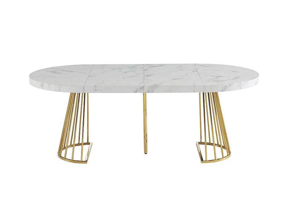 Vente-unique Mesa De Jantar Extensivel De 2 A 12 Lugares Em Mdf E Aco Efeito Marmore Branco E Dourado - Firela* Mesa De Jantar