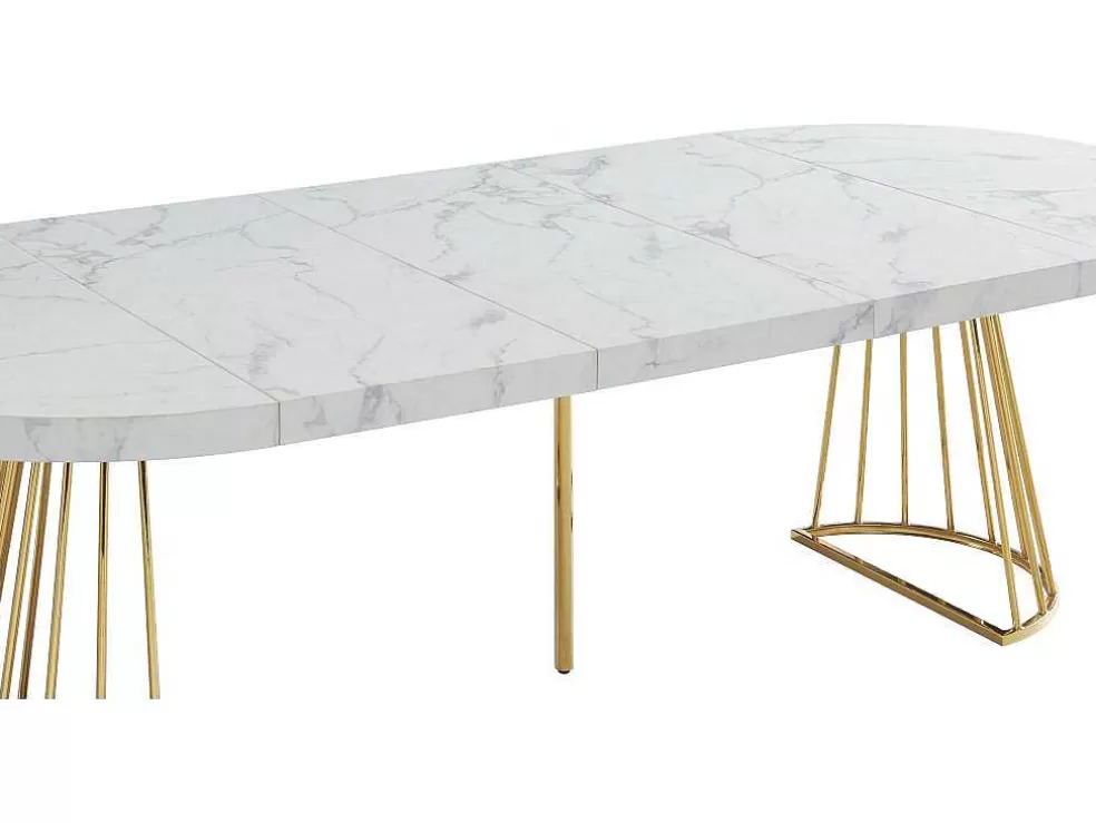 Vente-unique Mesa De Jantar Extensivel De 2 A 12 Lugares Em Mdf E Aco Efeito Marmore Branco E Dourado - Firela* Mesa De Jantar
