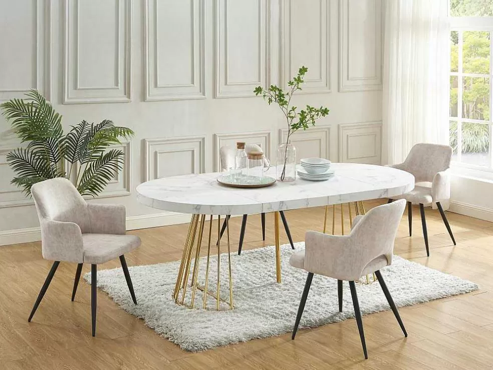 Vente-unique Mesa De Jantar Extensivel De 2 A 12 Lugares Em Mdf E Aco Efeito Marmore Branco E Dourado - Firela* Mesa De Jantar