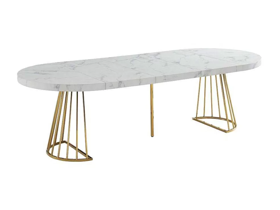 Vente-unique Mesa De Jantar Extensivel De 2 A 12 Lugares Em Mdf E Aco Efeito Marmore Branco E Dourado - Firela* Mesa De Jantar