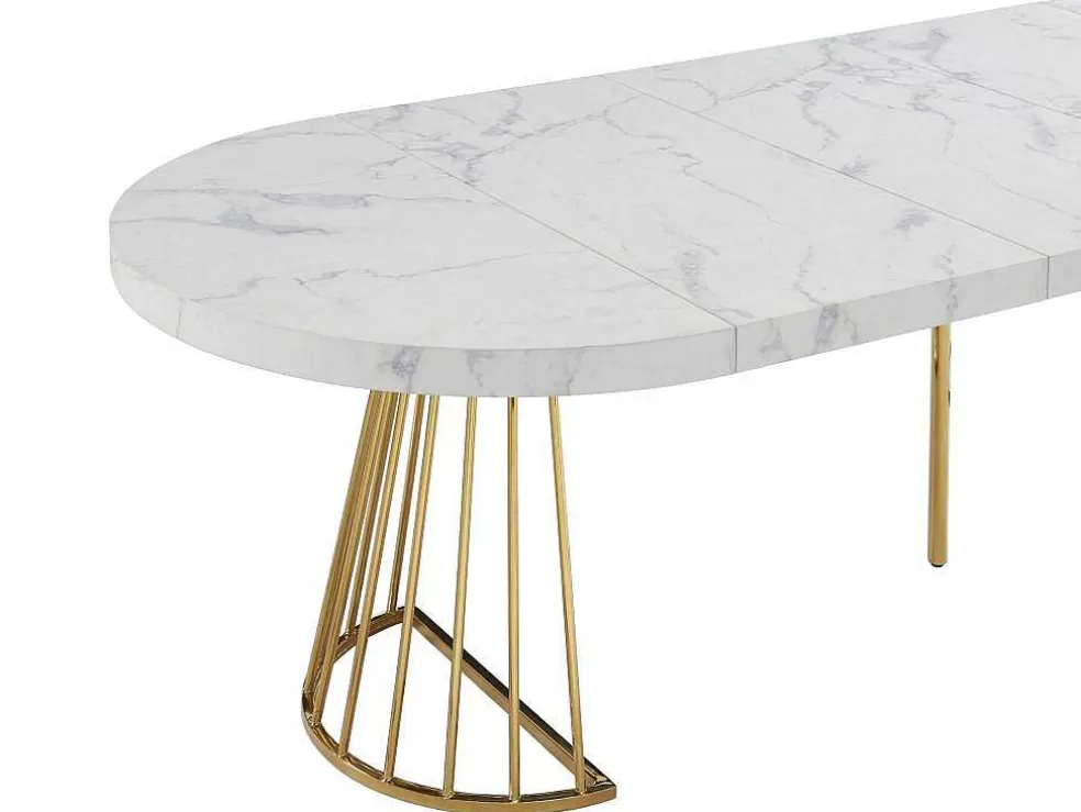 Vente-unique Mesa De Jantar Extensivel De 2 A 12 Lugares Em Mdf E Aco Efeito Marmore Branco E Dourado - Firela* Mesa De Jantar