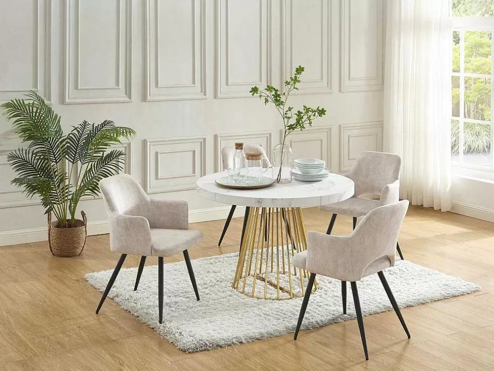 Vente-unique Mesa De Jantar Extensivel De 2 A 12 Lugares Em Mdf E Aco Efeito Marmore Branco E Dourado - Firela* Mesa De Jantar