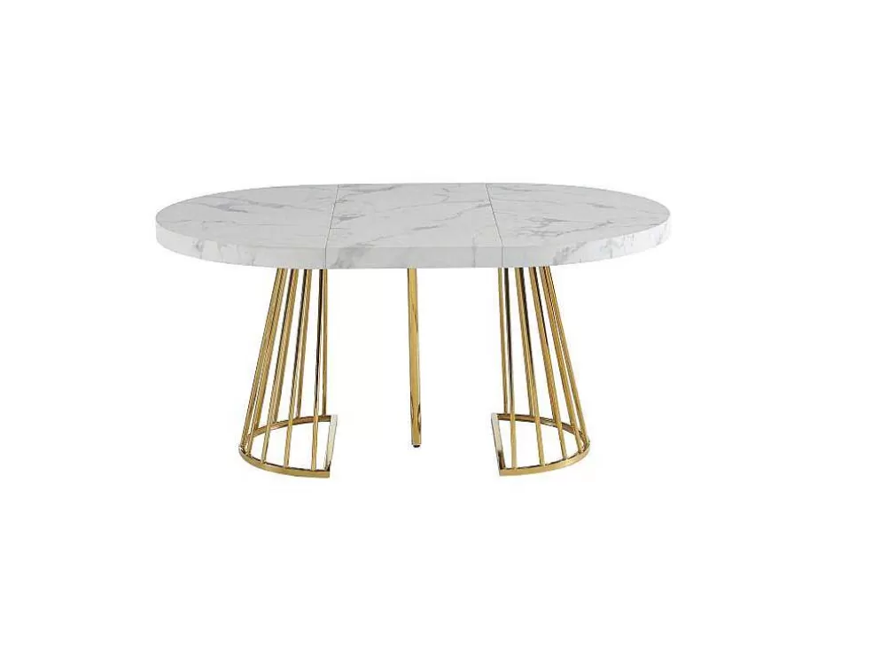 Vente-unique Mesa De Jantar Extensivel De 2 A 12 Lugares Em Mdf E Aco Efeito Marmore Branco E Dourado - Firela* Mesa De Jantar