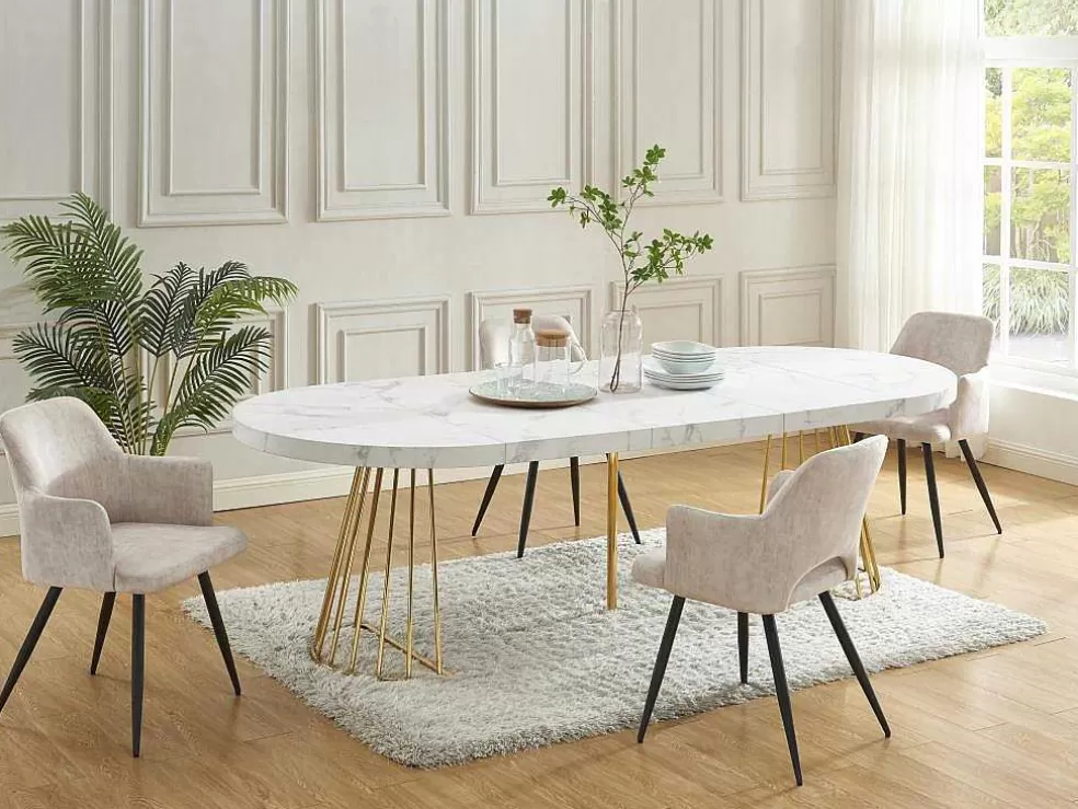 Vente-unique Mesa De Jantar Extensivel De 2 A 12 Lugares Em Mdf E Aco Efeito Marmore Branco E Dourado - Firela* Mesa De Jantar