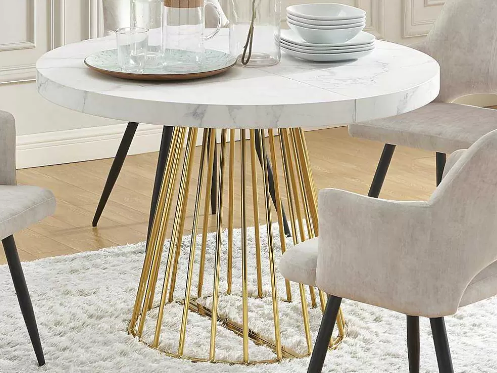 Vente-unique Mesa De Jantar Extensivel De 2 A 12 Lugares Em Mdf E Aco Efeito Marmore Branco E Dourado - Firela* Mesa De Jantar